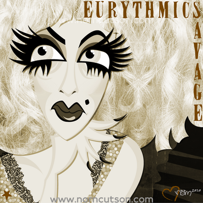 My take on the cover art of Eurythmics' SAVAGE.
A black-and-white image of a white woman in close-up, head-&-shoulders. She is wearing heavy make-up and a huge messy wig. She rests her thin face on one hand. She looks to the left, with an angry, fierce, cornered look. We see the straps of her sequined dress and black lace bra.
Text in metallic copper on the right, horizontal: "EURYTHMICS".
Text in metallic copper on the right, vertical: "SAVAGE".