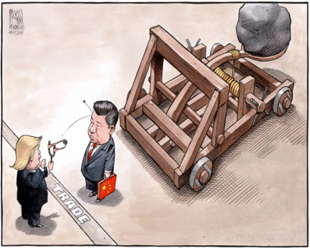 A political cartoon depicts two figures engaged in a trade dispute. On the left, Trump dressed in a suit, holds a slingshot aimed at the other figure. On the right, Xi Jinping in a suit, carrying a briefcase with a Chinese flag, stands next to a large wooden trebuchet loaded with a massive boulder. The word "TRADE" is written on the ground between them, symbolizing a trade war. The cartoon is signed "MacKay, Telegraph, 04/12/2018" in the top left corner.