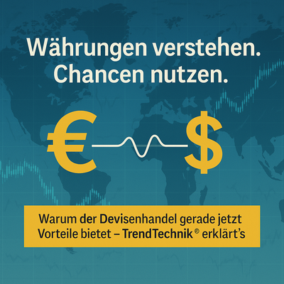 Grafik zur Veranschaulichung des Devisenhandels: Eine Weltkarte in Blautönen mit eingeblendeten Wechselkursverläufen. Im Vordergrund stehen die Symbole für Euro und US-Dollar, verbunden durch eine weiße, oszillierende Linie. Der Schriftzug „Währungen verstehen. Chancen nutzen.“ sowie ein Hinweis auf die Vorteile des Devisenhandels mit der TrendTechnik® ergänzen das Bild.