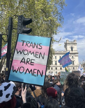 Protest crowd with trans flag on the right and homemade placard left front in blue, white and pink with black painted text: TRANS WOMEN ARE WOMEN