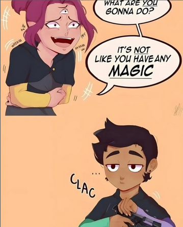 The image is a two-panel comic strip with a peach-colored background. In the first panel, a character with purple hair, wearing a black shirt with a yellow undershirt, is laughing with her arms crossed. She has a third eye on her forehead and is speaking, saying, "WHAT ARE YOU GONNA DO?" Below her speech bubble, she says, "IT'S NOT LIKE YOU HAVE ANY MAGIC." The second panel shows another character with dark hair, wearing a black jacket with a green sleeve, holding a gun. He looks unimpressed and says, "CLAC." The character with purple hair is laughing, indicated by the sound effects "HAHAHA LOL" and "WHEEZE" around her. The overall tone of the comic is humorous, with the second character's response implying he has a countermeasure to the first character's supposed magical abilities.