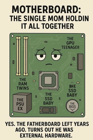The image is a humorous depiction of a computer motherboard personified as a single mother. The motherboard is illustrated with facial features and labeled with various components of a computer, each given a nickname. The GPU is referred to as "The GPU Teenager," the RAM as "The RAM Twins," the SSD as "The SSD Baby," the PSU as "The PSU Ex," and the BIOS as "The BIOS." The caption reads, "Motherboard: The single mom holdin' it all together. Yes, the fatherboard left years ago. Turns out he was external hardware." This humorously compares the motherboard to a single mother raising her children alone, with the fatherboard (a term not commonly used but implying a father figure) having left and being external hardware.