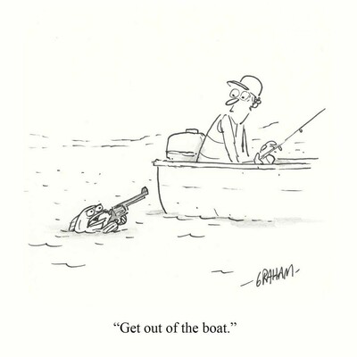 A cartoon illustration of a fish holding a gun on a fisherman in a boat. Caption reads "Get out of the boat."