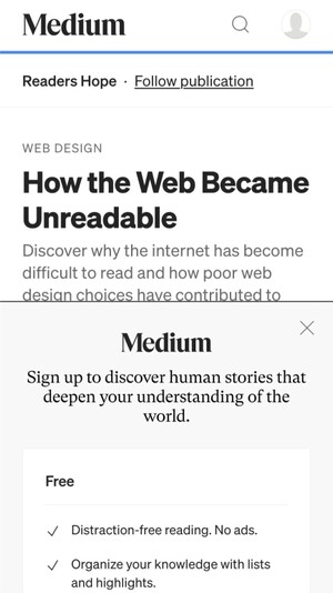 Medium article titled "How the Web Became Unreadable".
The rest of article is locked behind a paywall.