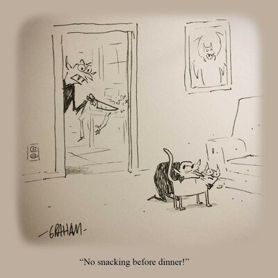 A cartoon illustration of a kid vampire biting into the pet cat as his parent vampire yells at him from the kitchen. Caption reads "No snacking before dinner!"