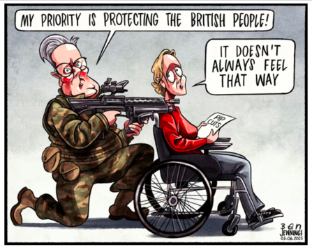 Cartoon: Keir Starmer, kneels behind a woman in a wheelchair resting is rifle on her shoulder (using her as a human shield?) & says: 'My priority is protecting the British people'; to which she responds (holding a sheet with PIP cuts on it) 'It doesn't always feel that way'.