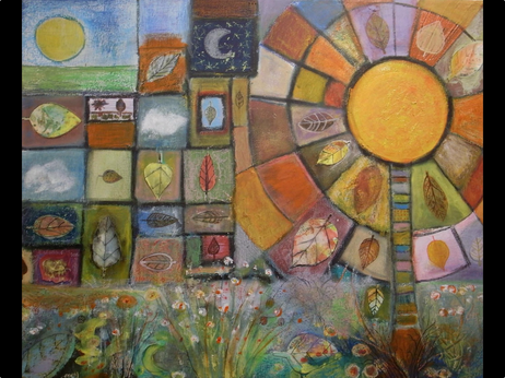 A painting of a sun wheel with collages leaves.