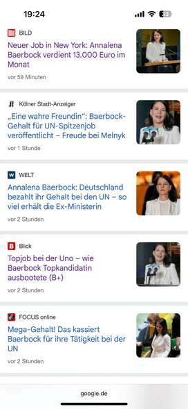 Screenshot der Google News Suchergebnisse zu Baerbock