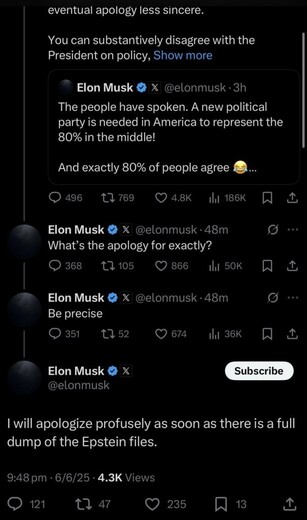 Elon doubling down on releasing the Epstein files