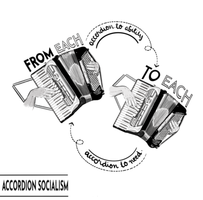digital pencil & ink illustration features two accordions, side by side, being played by disembodied hands.
above the accordion on the left is written 'from each' in uppercase letters. above the accordion on the right is written 'to each' in uppercase letters. between the two accordions are dotted squiggly lines with arrows pointing to the opposite accordion. under the top line, it reads, in cursive lowercase, 'accordion to ability' & above the bottom squiggly, it reads, in cursive lowercase, 'accordion to need' (so, from left to right, words form the marxist maxim with a twist: 'from each, accordion to ability, to each, accordion to need').
below the illustration, on the bottom left of the page, is the text 'accordion socialism' in uppercase letters.
the art is in black & white.