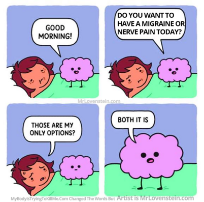 1 - girl looking really ill or tired and brain comes over and says 'good morning!'

2 - brain continues 'do you want to have a migraine or nerve pain today?'

3 - girl looks upset and says 'those are my only options?'

4 - brain replies 'both it is'

mrlovenstein.com