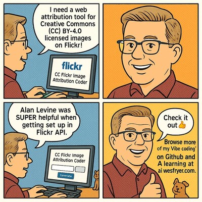 A four-panel cartoon comic featuring a smiling man with glasses and short, light brown hair sitting at a computer.

Panel 1: The man types on his computer, with a speech bubble that says, “I need a web attribution tool for Creative Commons (CC) BY-4.0 licensed images on Flickr!” The computer screen displays: flickr — CC Flickr Image Attribution Coder.

Panel 2: A close-up of the man smiling confidently.

Panel 3: The man sits at the computer again, saying, “Alan Levine was SUPER helpful when getting set up in Flickr API.” A small dog peeks around the side of the computer monitor, smiling.

Panel 4: The man gives a thumbs up and says, “Check it out 👍.” Text next to him reads: “Browse more of my Vibe coding on Github and AI learning at ai.wesfryer.com.” The dog sits happily beside him.