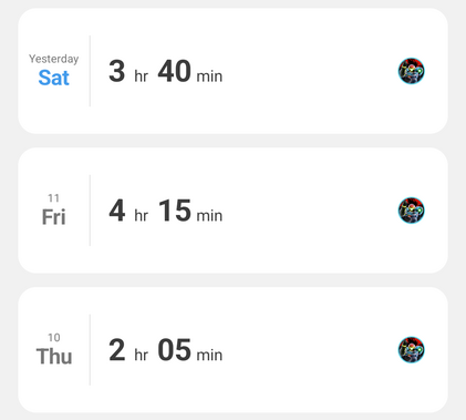 Playtime for Breath of the Wild 
3:40 hours on Saturday 
4:15 hours on Friday 
2:05 hours on Thursday