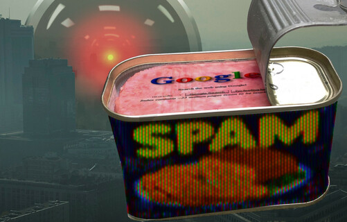 A smoggy cityscape. In the foreground is a partially open can of Spam, whose label has been pixelated. The glistening spam atop the can has been overlaid with the original Google homepage. In the background looms the glaring red eye of HAL 9000 from Kubrick's '2001: A Space Odyssey.'

Image:
Cryteria (modified)
https://commons.wikimedia.org/wiki/File:HAL9000.svg

CC BY 3.0
https://creativecommons.org/licenses/by/3.0/deed.en

--

Radek Kołakowski (modified)
https://commons.wikimedia.org/wiki/File:Warszawski_smog_(22798350941).jpg

CC BY 2.0
https://creativecommons.org/licenses/by/2.0/deed.en