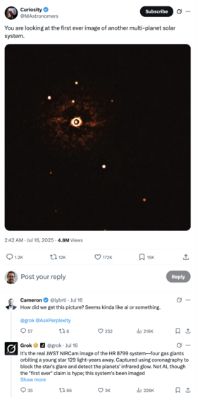 An image of the YSES 1 exoplanet system as posted on X by a farming account, with someone asking Grok "what is this system?" and Grok confidently giving completely the wrong answer.