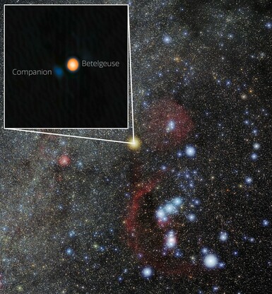 The star field in the Orion Constellation. An inset shows Betelgeuse and Its stellar companion.
