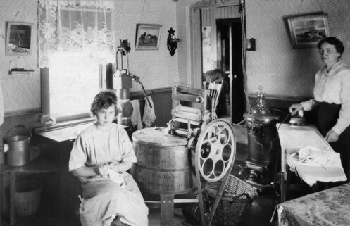 1923 Mother/Daughter Keeping House, One Electrical outlet in the Ceiling, Ontario Canada