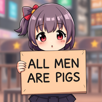 Chibi anime girl holding a sign that says "All Men Are Pigs".
