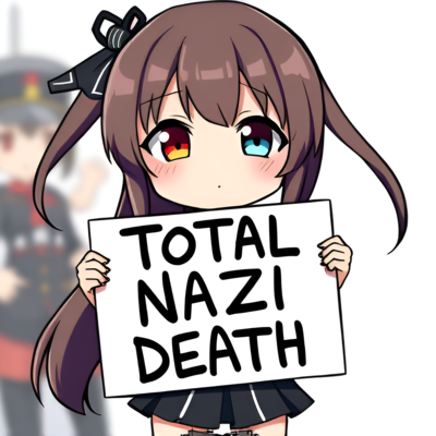 Chibi anime girl holding a sign that reads "Total Nazi Death"