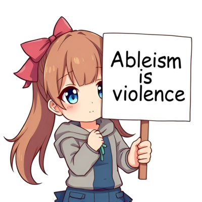 Chibi anime girl holding a sign that says "Ableism is violence".