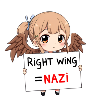 Chibi anime girl holding a sign that says "Right Wing = Nazi".