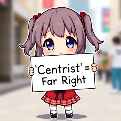 Chibi anime girl holding a sign that says "'Centrist' = Far Right".