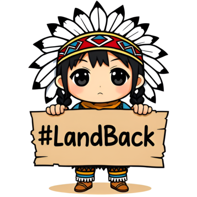 Chibi anime Native American holding a sign that says "#LandBack".