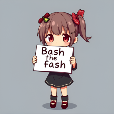 Chibi anime girl holding a sign that reads "Bash the fash".