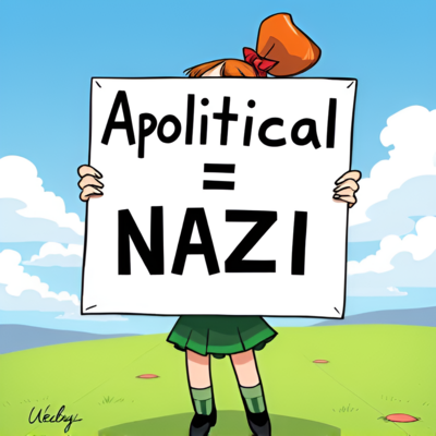 Girl holding a sign saying "Apolitical = Nazi".