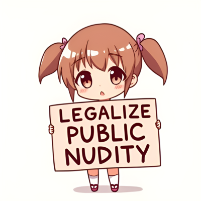 Chibi anime girl holding a sign that reads "Legalize Public Nudity".