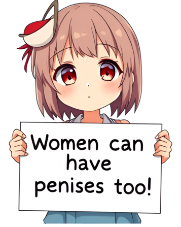 Chibi anime girl holding a sign that reads "Women can have penises too".