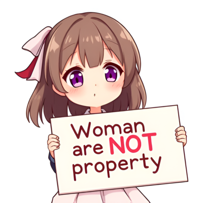Chibi anime girl holding a sign that says "Women are NOT property"