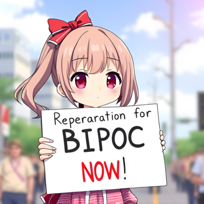Chibi anime girl holding a sign that says "Reparations for BIPOC NOW!"