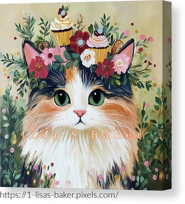 Cupcake Kitty / Cat Art by Lisa S Baker. A cat with vibrant green eyes is adorned with a whimsical crown of flowers and cupcakes. The assortment of blooms and confectionaries creates a playful, enchanting atmosphere. The background of soft foliage enhances the dreamy composition.