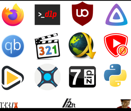Firefox, YT-DLP, UBlock Origin, Jellyfin, 

qBittorrent, Classic Media Player, Jdownloader2, SponsorBlock,


 Radarr, Sonarr, 7zip, Python,

 1337x, 12ft.io, Fitgirl
